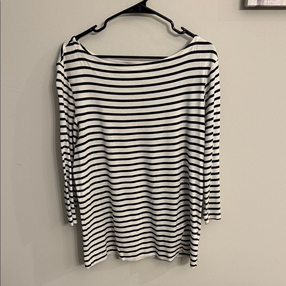 Black and White Striped Boat Neck Women's Top